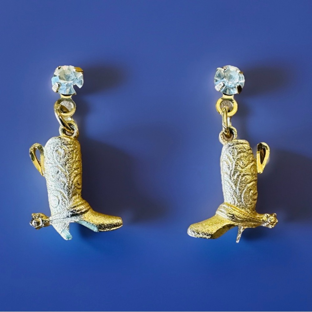 VTG Cowboy Boot Dangle Stud Earrings Goldtone with Sparkling Clear Rhinestones